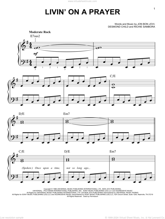 Livin' On A Prayer sheet music for piano solo by Bon Jovi, Desmond Child and Richie Sambora, beginner skill level