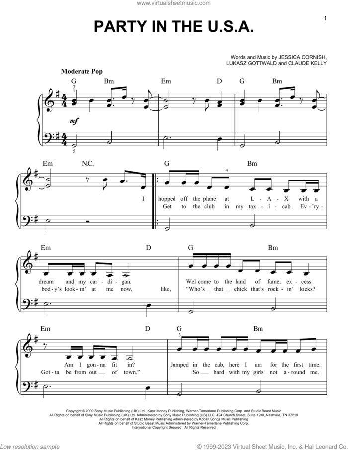 Party In The U.S.A. sheet music for piano solo by Miley Cyrus, Claude Kelly, Jessica Cornish and Lukasz Gottwald, beginner skill level