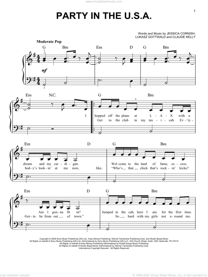 Party In The U.S.A. sheet music for piano solo by Miley Cyrus, Claude Kelly, Jessica Cornish and Lukasz Gottwald, beginner skill level