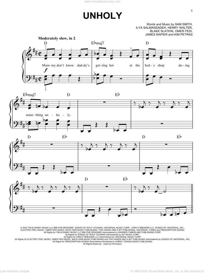 Unholy (feat. Kim Petras) sheet music for piano solo by Sam Smith, Blake Slatkin, Henry Walter, Ilya Salmanzadeh, James Napier, Kim Petras, Omar Fedi and Samuel Smith, easy skill level