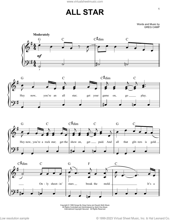 All Star sheet music for piano solo by Smash Mouth and Greg Camp, beginner skill level
