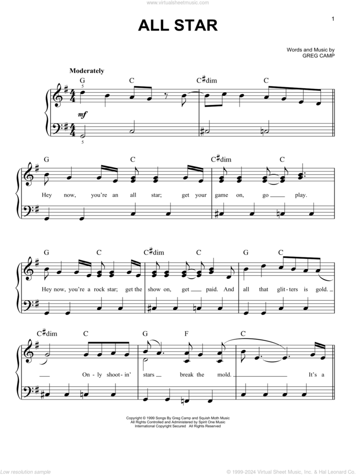 All Star sheet music for piano solo by Smash Mouth and Greg Camp, beginner skill level