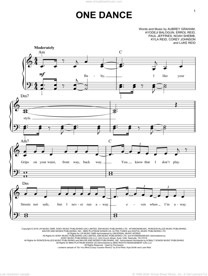 One Dance (feat. Wizkid and Kyla), (beginner) sheet music for piano solo by Drake, Aubrey Graham, Ayodeji Balogun, Errol Reid, Kyla Smith, Luke Reid, Noah Shebib and Paul Jeffries, beginner skill level