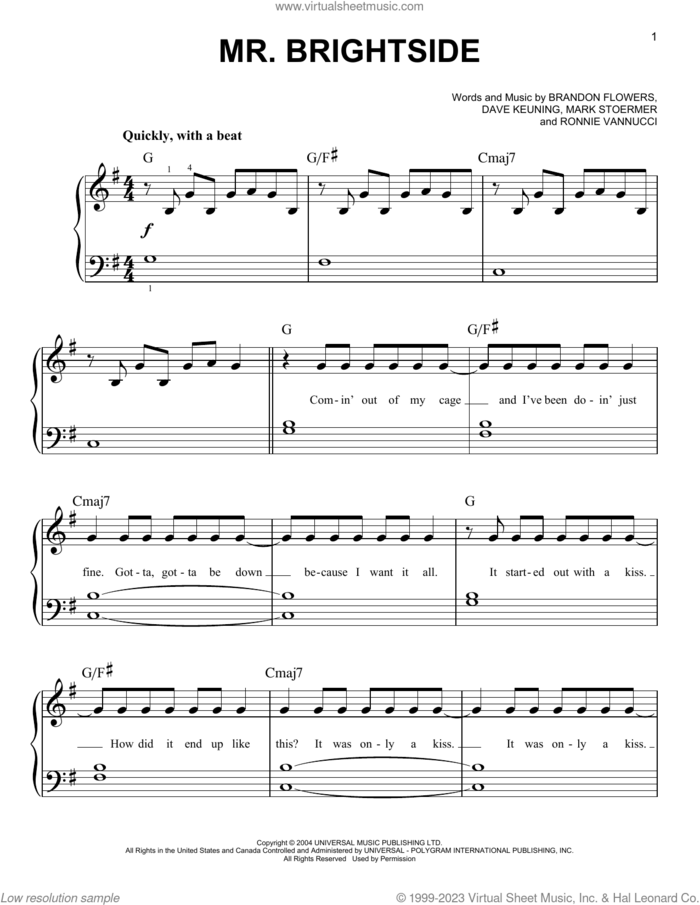 Mr. Brightside sheet music for piano solo by The Killers, Brandon Flowers, Dave Keuning, Mark Stoermer and Ronnie Vannucci, beginner skill level