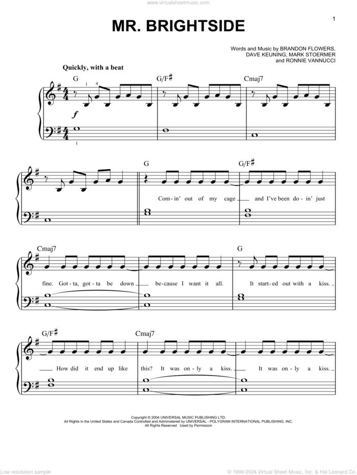 Mr. Brightside sheet music for piano solo by The Killers, Brandon Flowers, Dave Keuning, Mark Stoermer and Ronnie Vannucci, beginner skill level