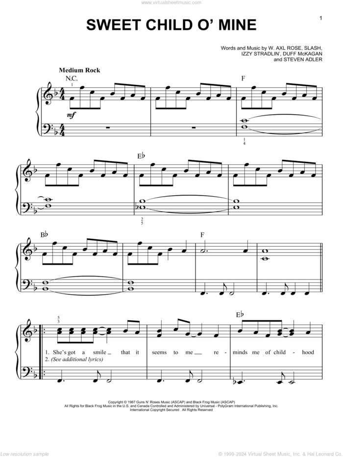 Sweet Child O' Mine sheet music for piano solo by Guns N' Roses, Axl Rose, Duff McKagan, Slash and Steven Adler, beginner skill level