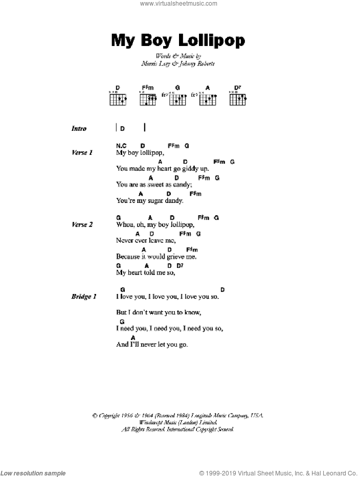 My Boy Lollipop sheet music for guitar (chords) by Millie, Johnny Roberts and Morris Levy, intermediate skill level