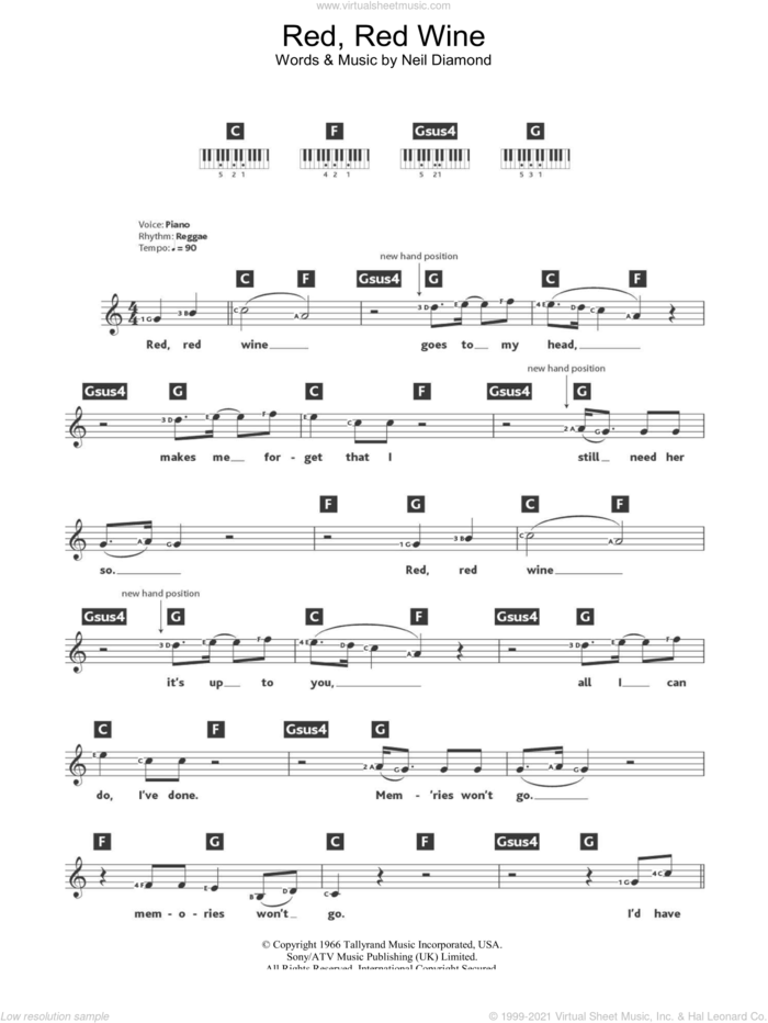 Red, Red Wine sheet music for piano solo (chords, lyrics, melody) by UB40 and Neil Diamond, intermediate piano (chords, lyrics, melody)