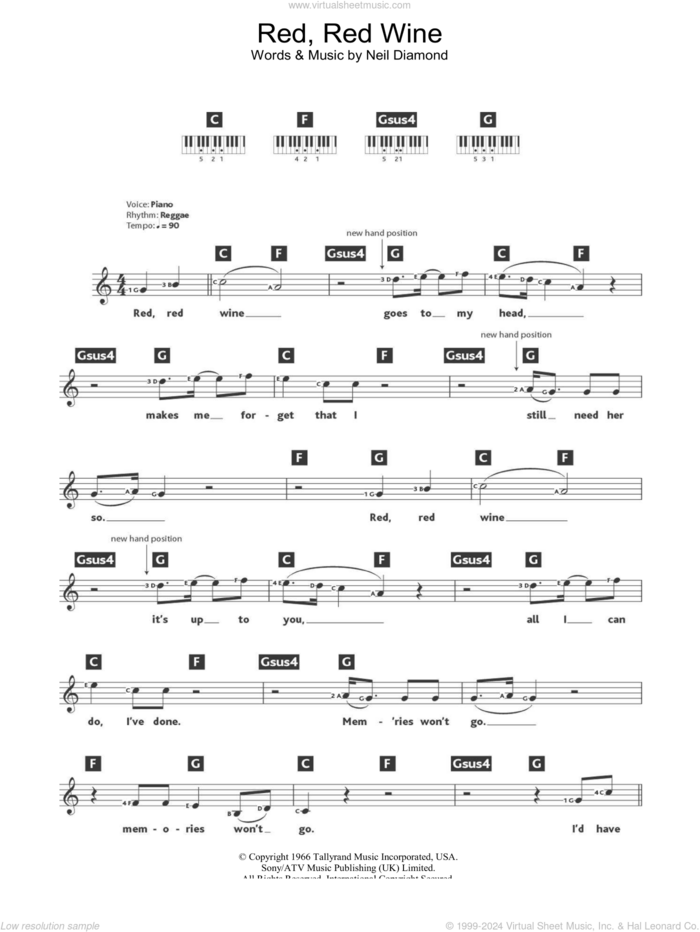 Red, Red Wine sheet music for piano solo (chords, lyrics, melody) by UB40 and Neil Diamond, intermediate piano (chords, lyrics, melody)