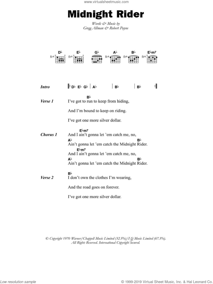 Midnight Rider sheet music for guitar (chords) by Paul Davidson, Gregg Allman and Robert Payne, intermediate skill level