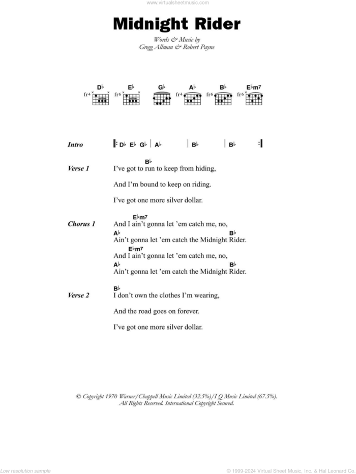 Midnight Rider sheet music for guitar (chords) by Paul Davidson, Gregg Allman and Robert Payne, intermediate skill level