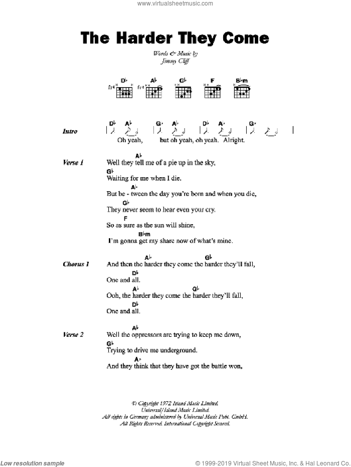 The Harder They Come sheet music for guitar (chords) by Jimmy Cliff, intermediate skill level