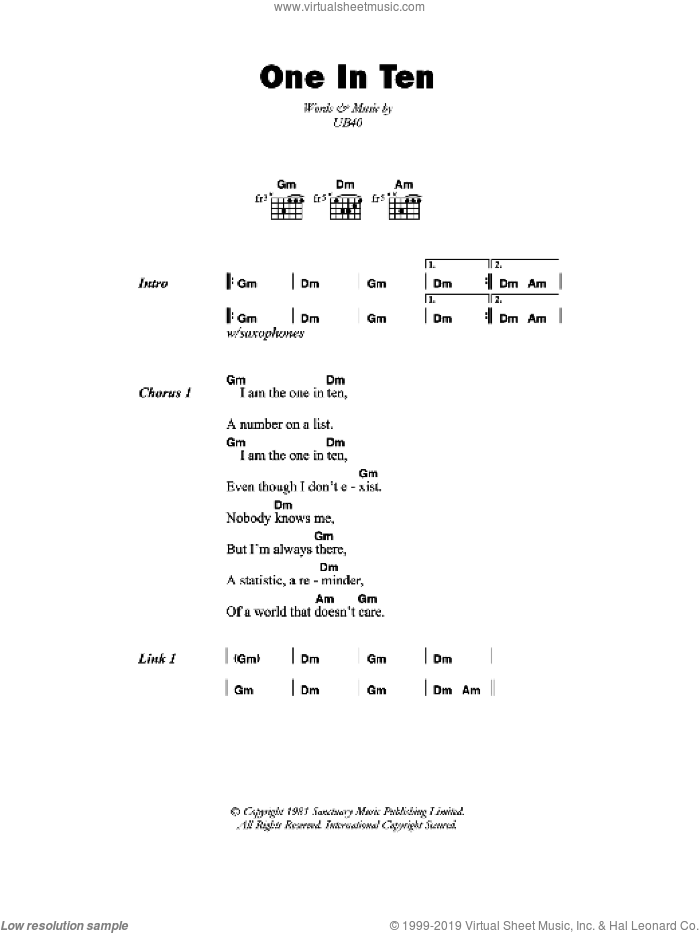 One In Ten sheet music for guitar (chords) by UB40, intermediate skill level