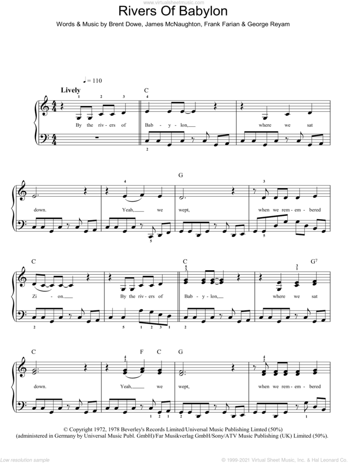Rivers Of Babylon sheet music for piano solo by Boney M., The Melodians, Brent Dowe, Frank Farian, George Reyam and James McNaughton, easy skill level