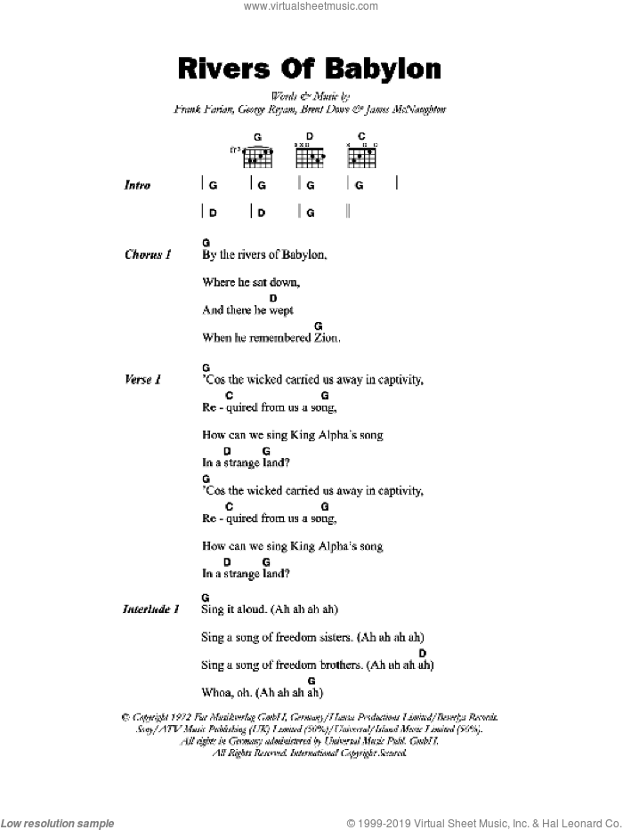 Rivers Of Babylon sheet music for guitar (chords) by The Melodians, Boney M., Brent Dowe, Frank Farian, George Reyam and James McNaughton, intermediate skill level