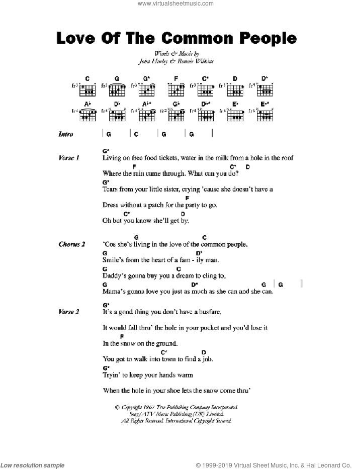 Love Of The Common People sheet music for guitar (chords) by Nicky Thomas, John Hurley and Ronnie Wilkins, intermediate skill level