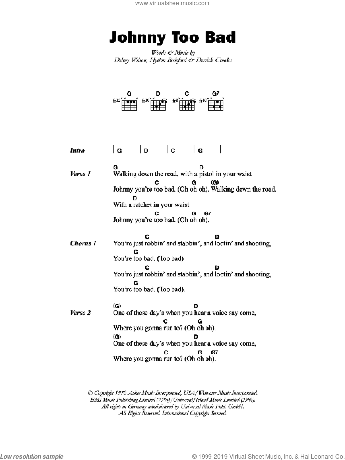 Johnny Too Bad sheet music for guitar (chords) by The Slickers, Delroy Wilson, Derrick Crooks and Hylton Beckford, intermediate skill level