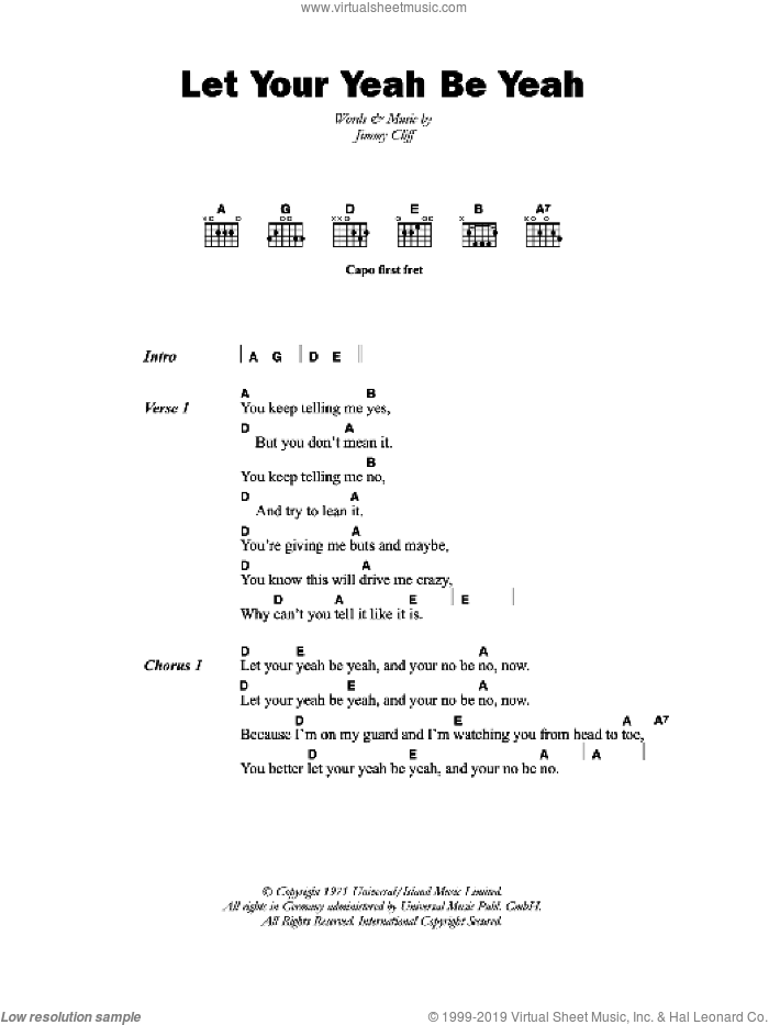 Let Your Yeah Be Yeah sheet music for guitar (chords) by The Pioneers and Jimmy Cliff, intermediate skill level