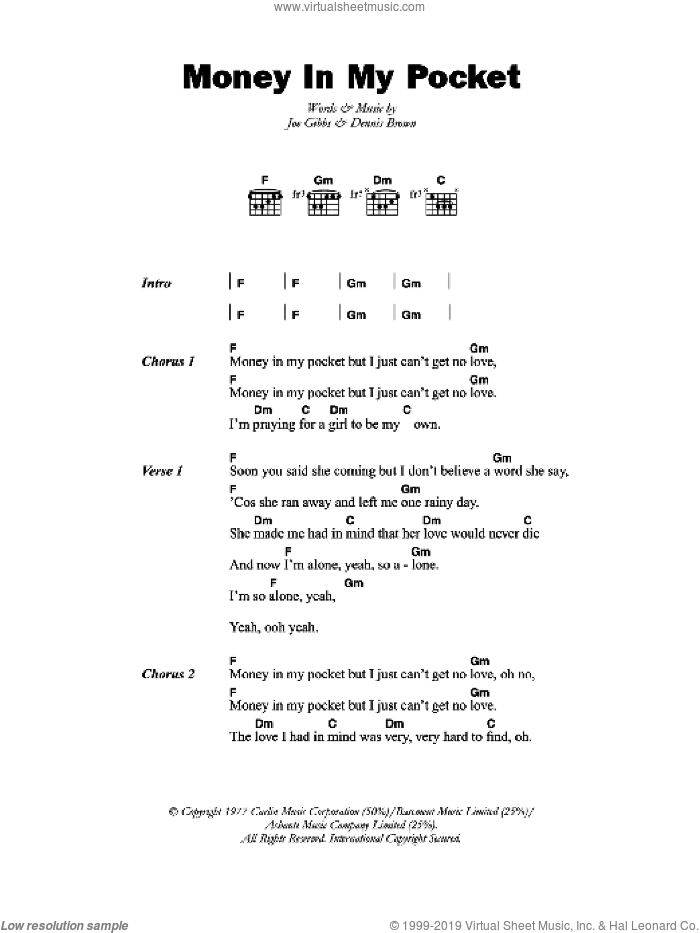Money In My Pocket sheet music for guitar (chords) by Dennis Brown and Joe Gibbs, intermediate skill level
