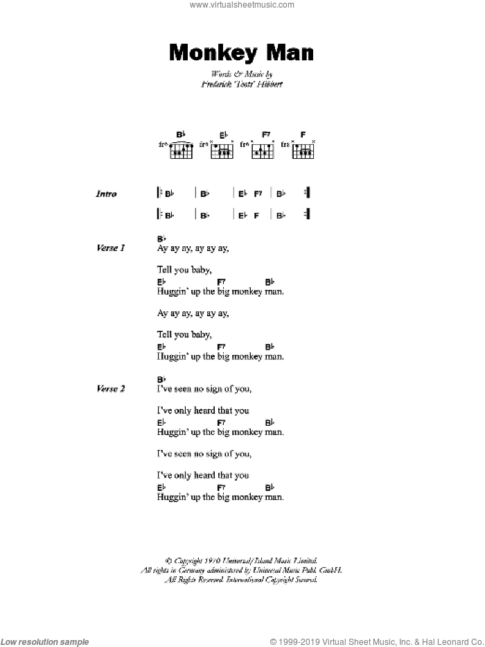 Monkey Man sheet music for guitar (chords) by Toots & The Maytals and Frederick 'Toots' Hibbert, intermediate skill level