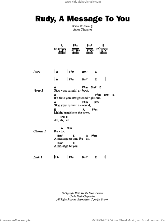 Rudy, A Message To You sheet music for guitar (chords) by Dandy Livingstone and Robert Thompson, intermediate skill level