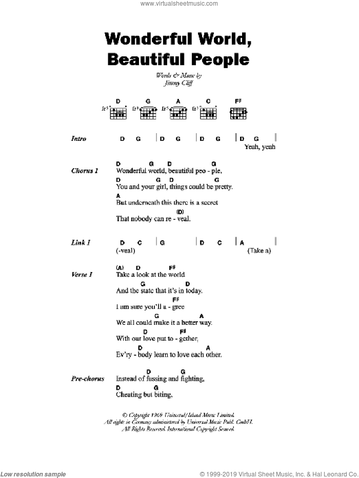 Wonderful World, Beautiful People sheet music for guitar (chords) by Jimmy Cliff, intermediate skill level