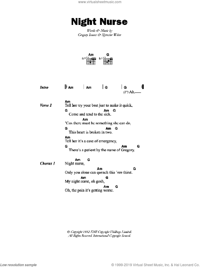 Night Nurse sheet music for guitar (chords) by Gregory Isaacs and Slyvester Weise, intermediate skill level