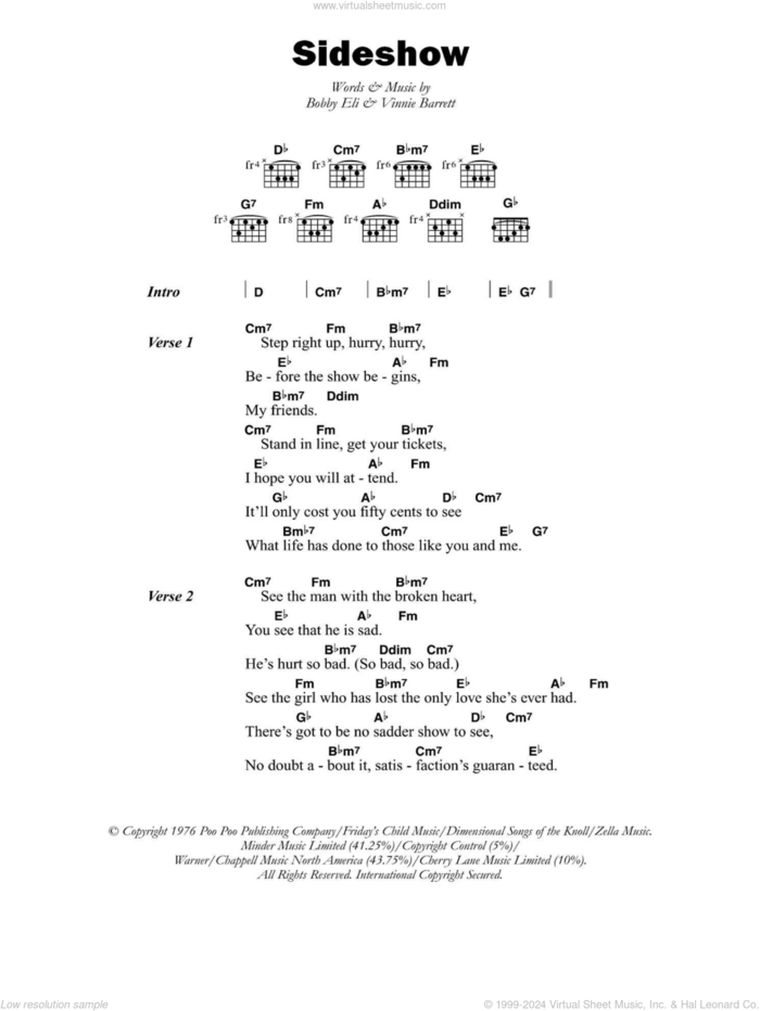 Sideshow sheet music for guitar (chords) by Barry Biggs, Bobby Eli and Vinnie Barrett, intermediate skill level