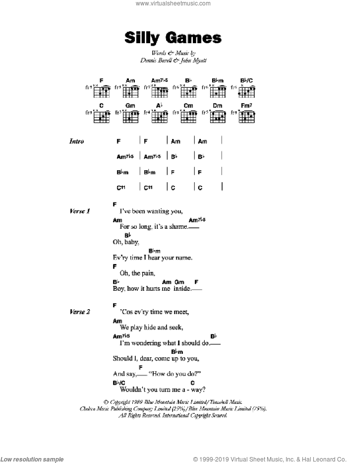 Silly Games sheet music for guitar (chords) by Janet Kay, Dennis Bovell and John Myatt, intermediate skill level