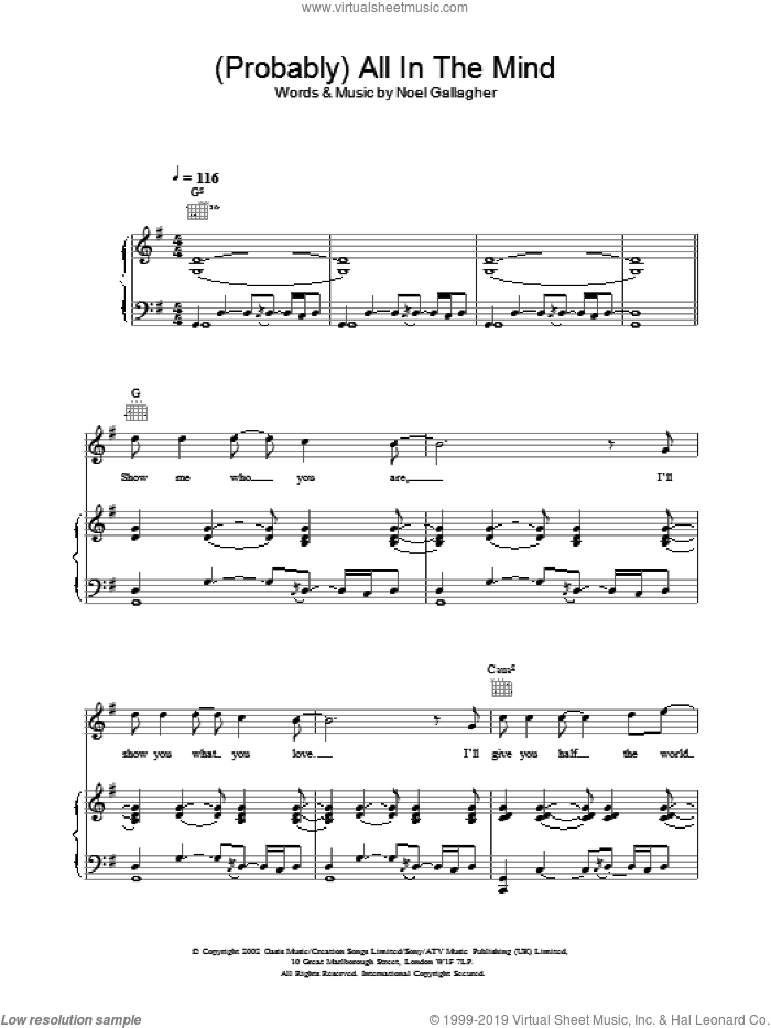 (Probably) All In The Mind sheet music for voice, piano or guitar by Oasis, intermediate skill level