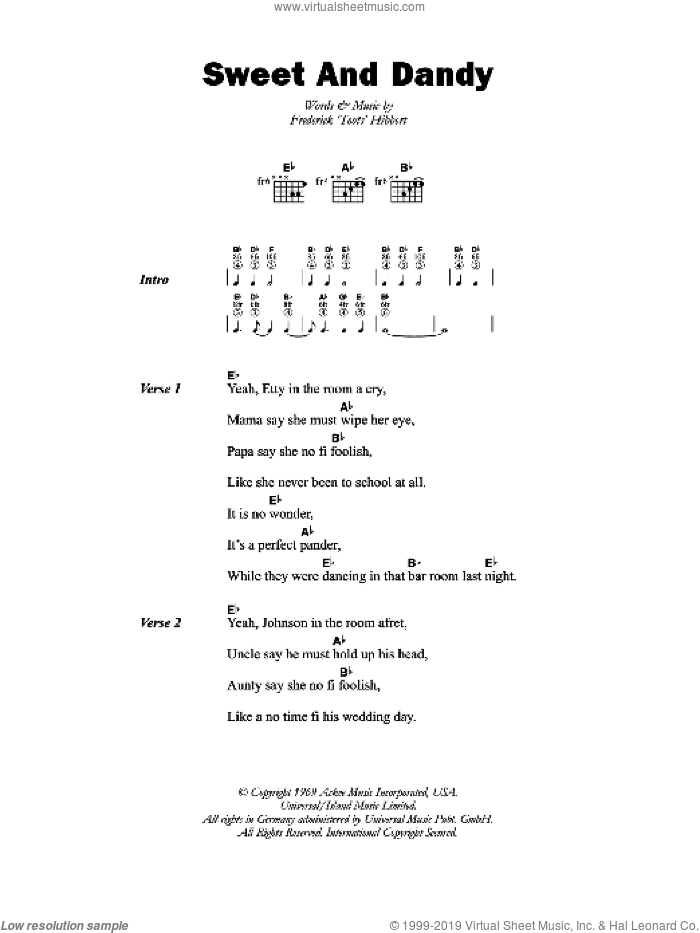 Sweet And Dandy sheet music for guitar (chords) by Toots & The Maytals and Frederick 'Toots' Hibbert, intermediate skill level