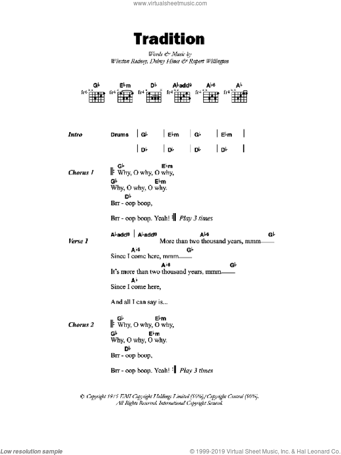 Tradition sheet music for guitar (chords) by Burning Spear, Delroy Hines, Rupert Willington and Winston Rodney, intermediate skill level