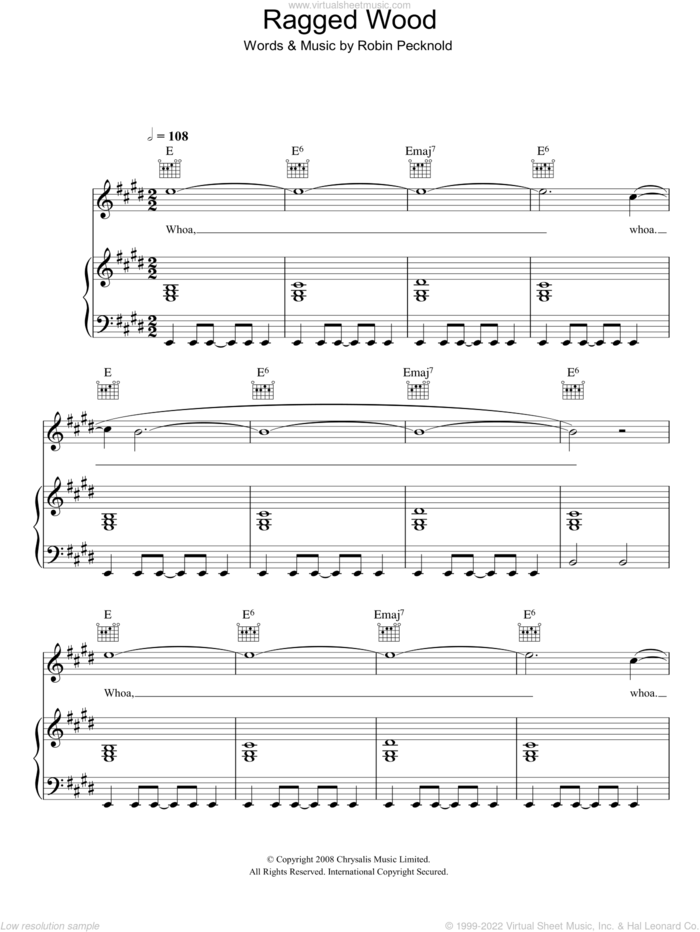 Ragged Wood sheet music for voice, piano or guitar by Fleet Foxes and Robin Pecknold, intermediate skill level