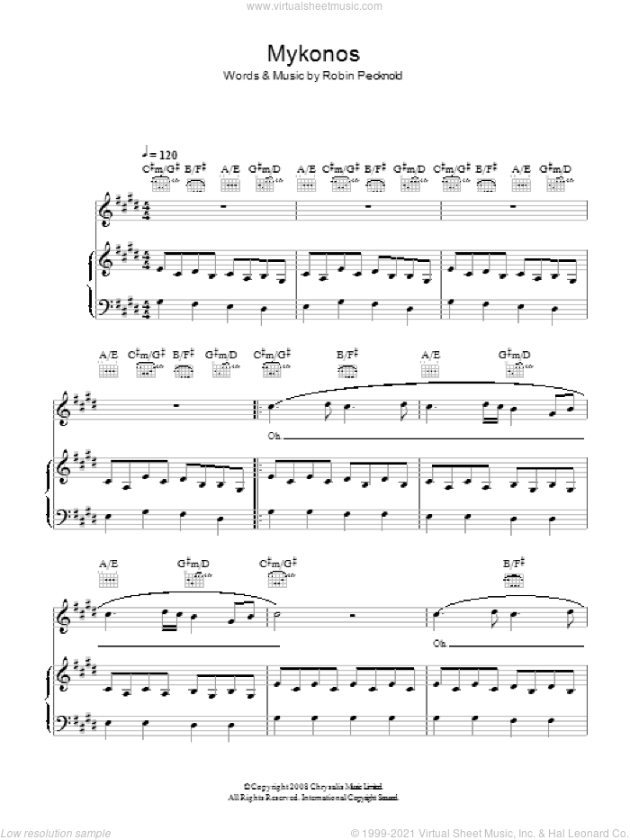 Mykonos sheet music for voice, piano or guitar by Fleet Foxes and Robin Pecknold, intermediate skill level