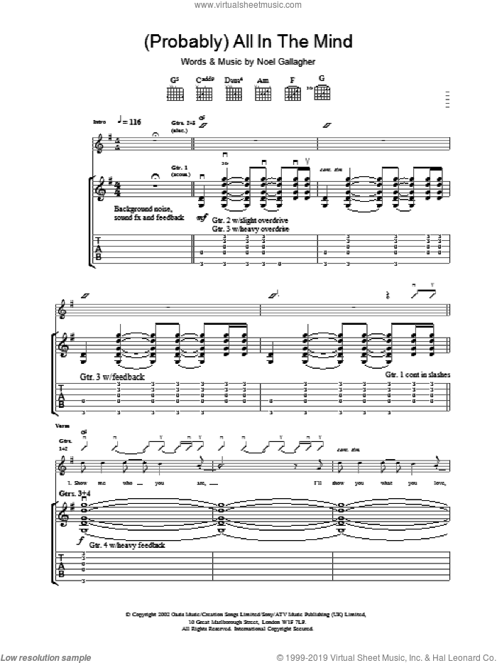 (Probably) All In The Mind sheet music for guitar (tablature) by Oasis, intermediate skill level