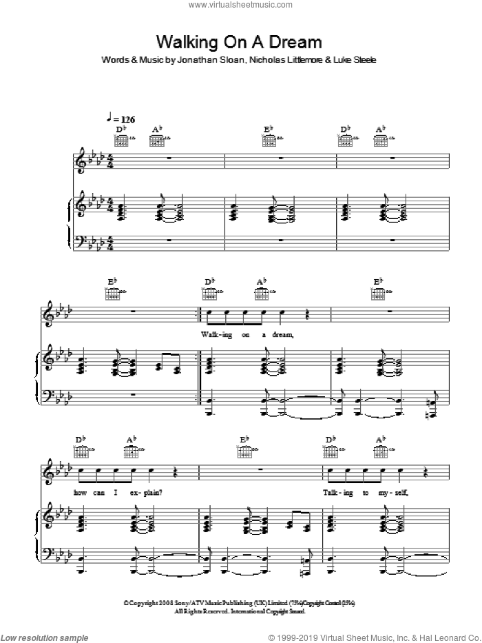 Walking On A Dream sheet music for voice, piano or guitar by Empire Of The Sun, Jonathan Sloan, Luke Steele and Nicholas Littlemore, intermediate skill level