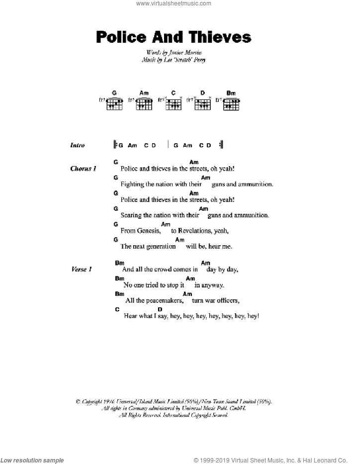 Police And Thieves sheet music for guitar (chords) by Junior Murvin and Lee Perry, intermediate skill level