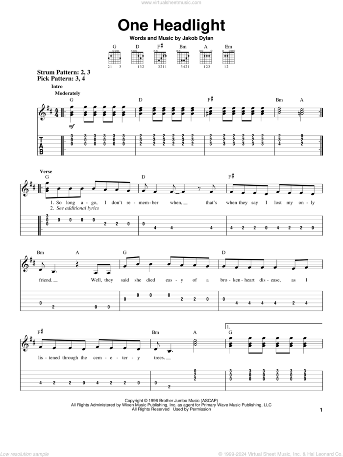 One Headlight sheet music for guitar solo (easy tablature) by The Wallflowers and Jakob Dylan, easy guitar (easy tablature)