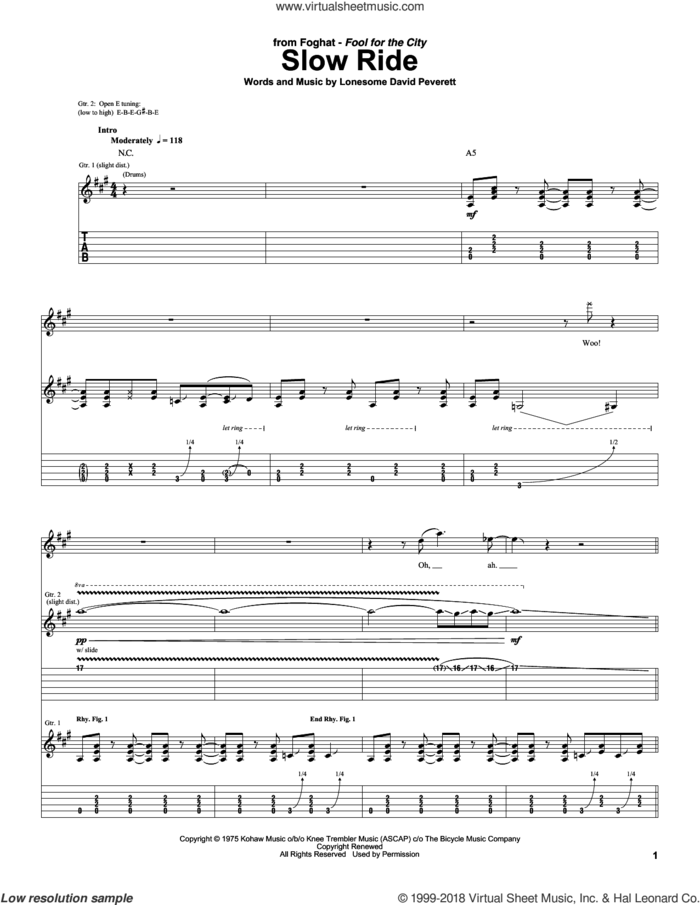 Slow Ride sheet music for guitar (tablature) by Foghat and Lonesome Dave Peverett, intermediate skill level