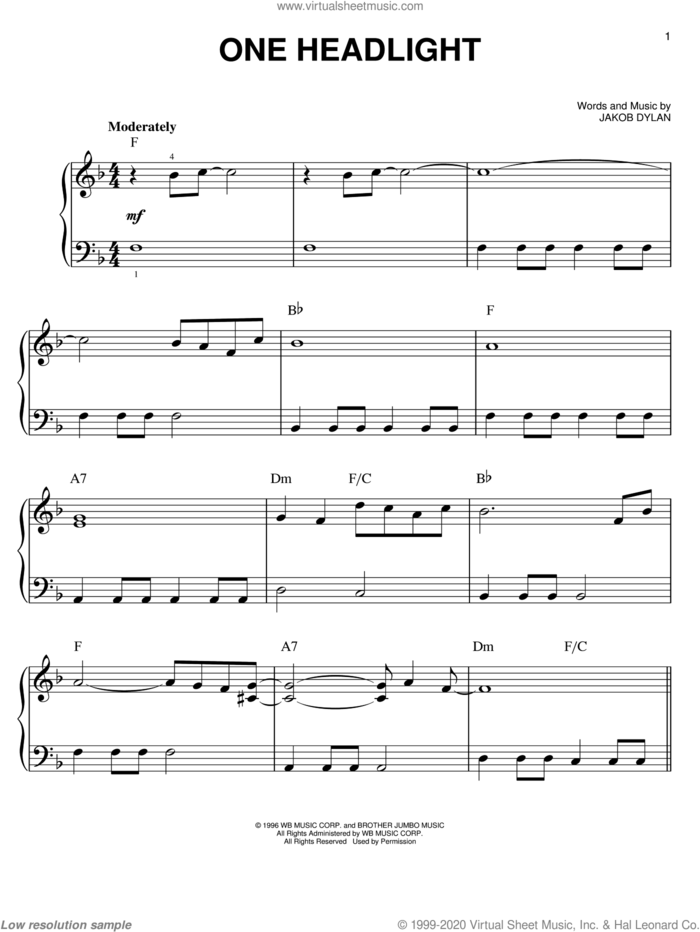 One Headlight sheet music for piano solo by The Wallflowers and Jakob Dylan, easy skill level