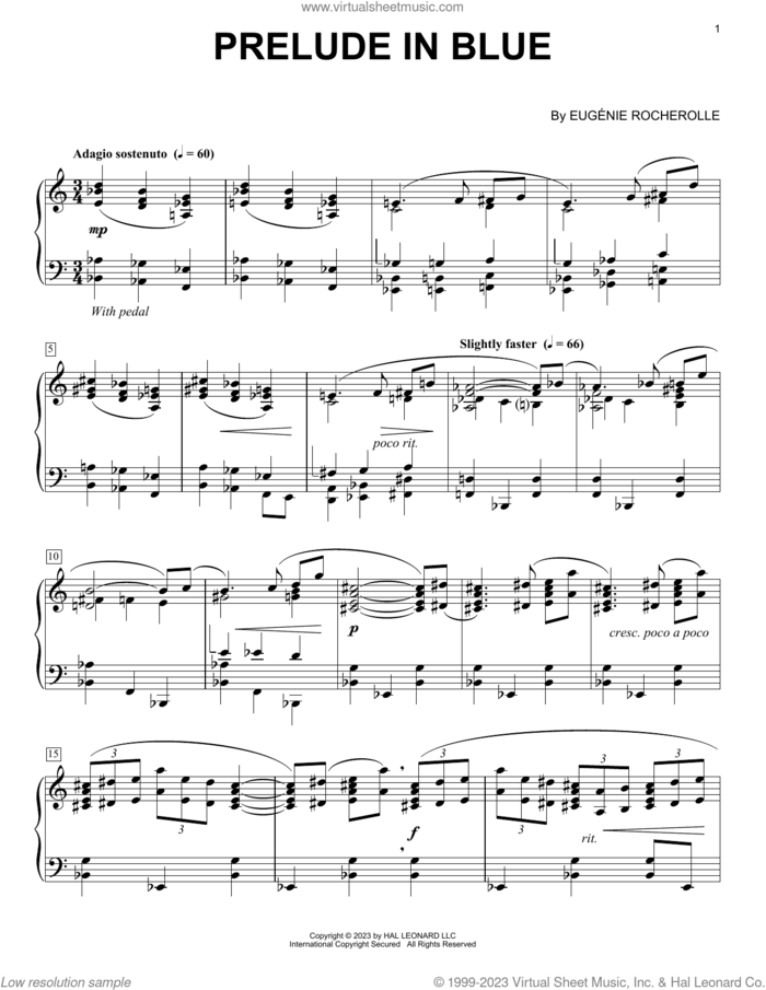 Prelude In Blue sheet music for piano solo by Eugenie Rocherolle, intermediate skill level
