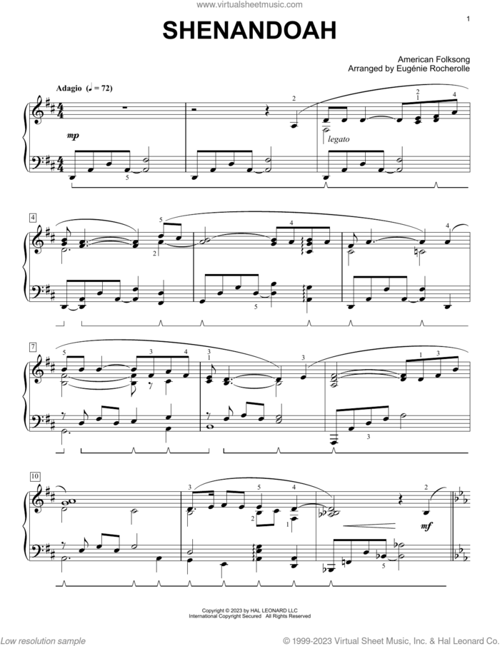 Shenandoah (arr. Eugenie Rocherolle) sheet music for piano solo by American Folksong and Eugenie Rocherolle, classical score, intermediate skill level
