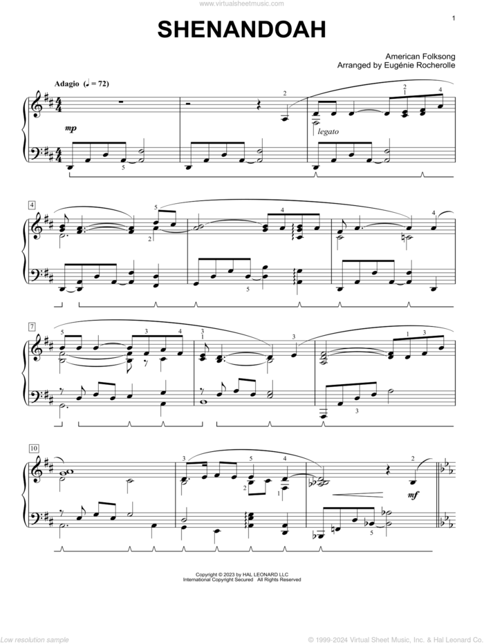 Shenandoah (arr. Eugenie Rocherolle) sheet music for piano solo by American Folksong and Eugenie Rocherolle, classical score, intermediate skill level