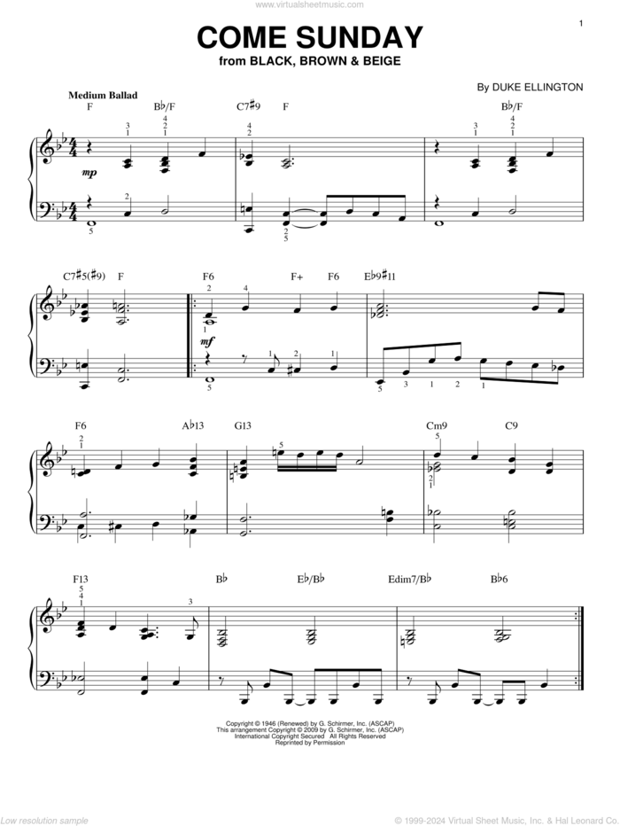 Come Sunday (arr. Brent Edstrom) sheet music for piano solo by Duke Ellington and Brent Edstrom, intermediate skill level