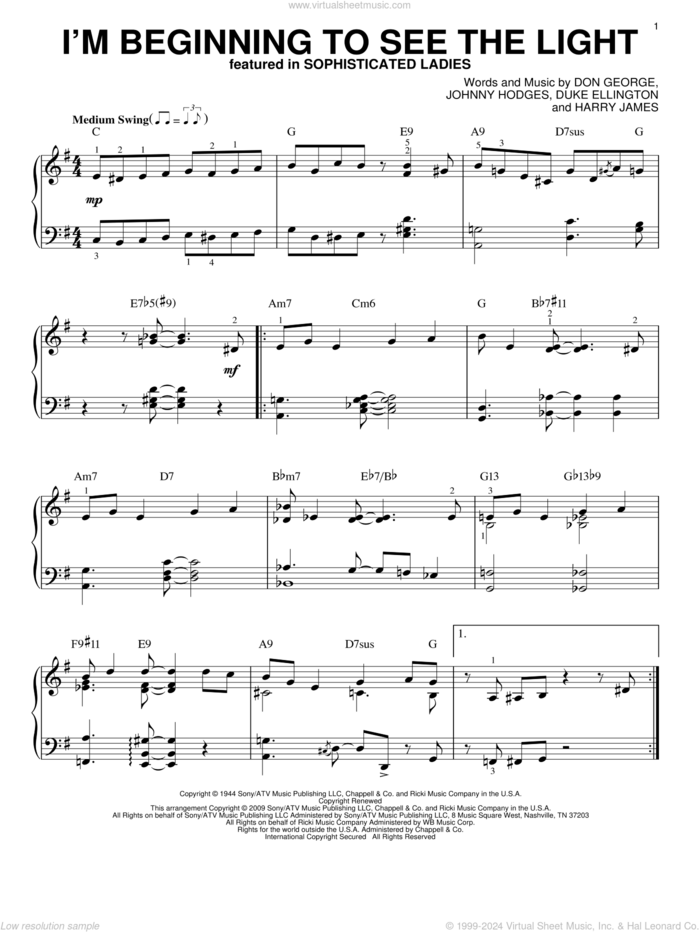 I'm Beginning To See The Light (arr. Brent Edstrom) sheet music for piano solo by Duke Ellington, Brent Edstrom, Harry James and Johnny Hodges, intermediate skill level