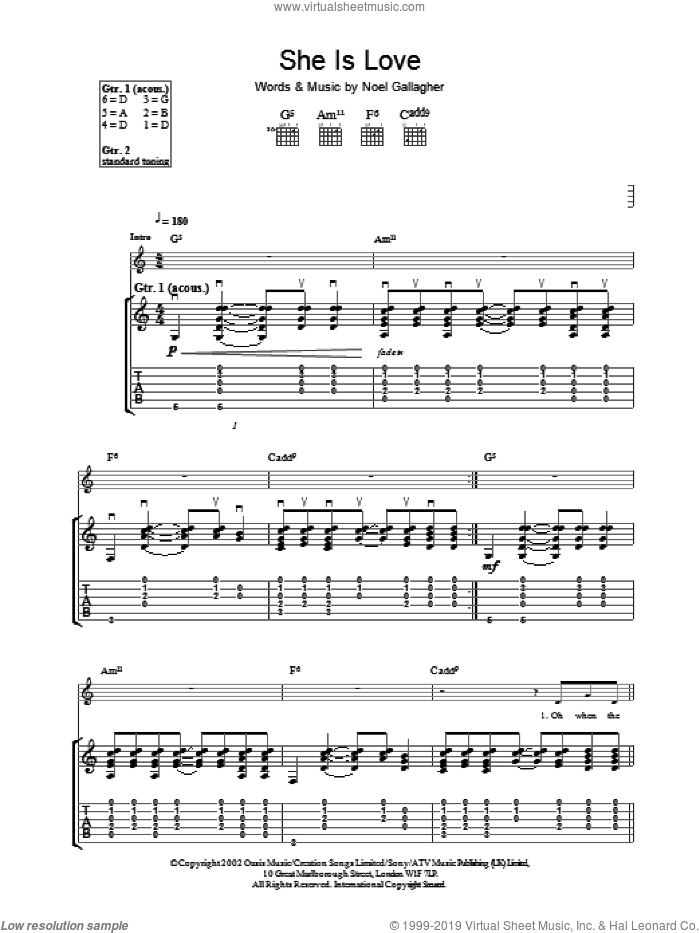 She Is Love sheet music for guitar (tablature) by Oasis, intermediate skill level