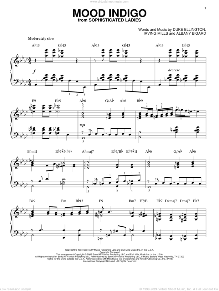 Mood Indigo (arr. Brent Edstrom) sheet music for piano solo by Duke Ellington, Brent Edstrom, Albany Bigard and Irving Mills, intermediate skill level