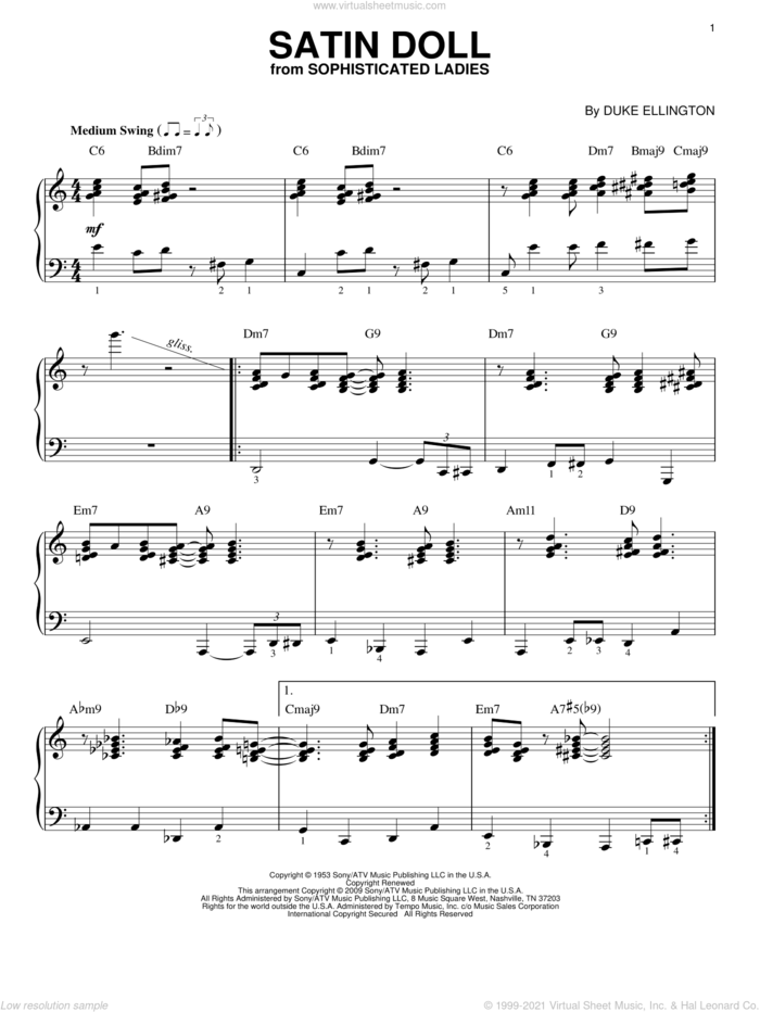Satin Doll (arr. Brent Edstrom) sheet music for piano solo by Duke Ellington, Billy Strayhorn and Johnny Mercer, intermediate skill level