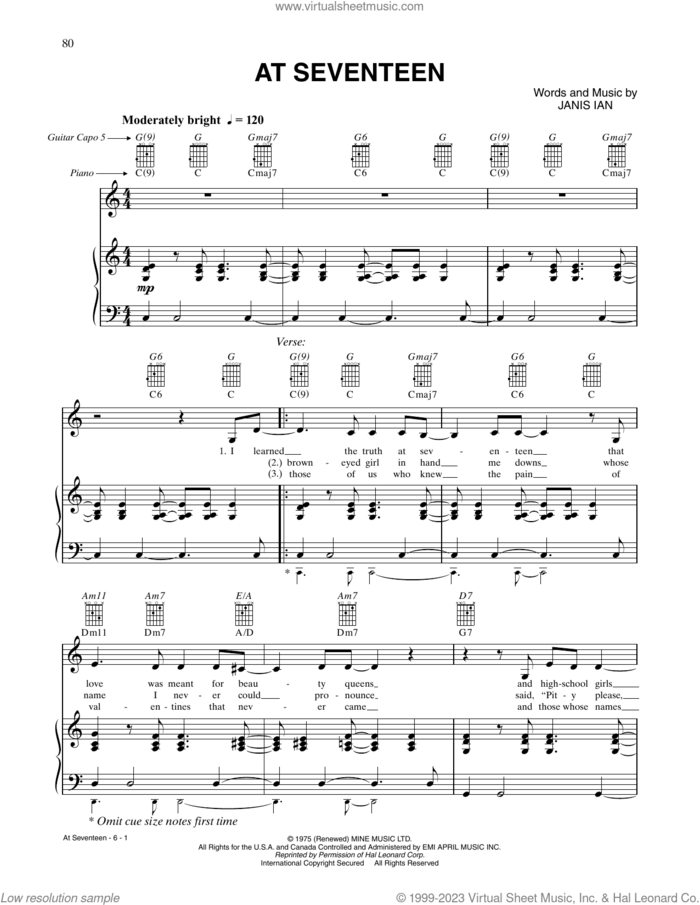 At Seventeen sheet music for voice, piano or guitar by CÉLINE DION and Janis Ian, intermediate skill level