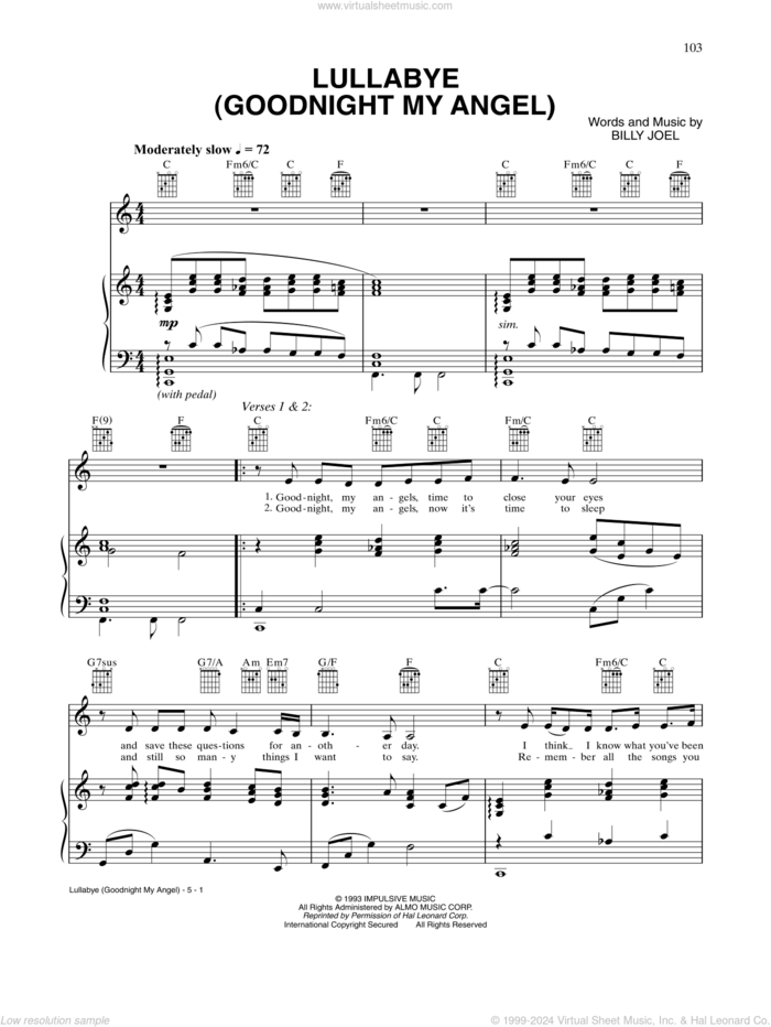 Lullabye (Goodnight, My Angel) sheet music for voice, piano or guitar by CÉLINE DION and Billy Joel, intermediate skill level